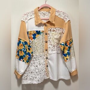 POL Floral Patchwork Crochet Lace Button-up Top